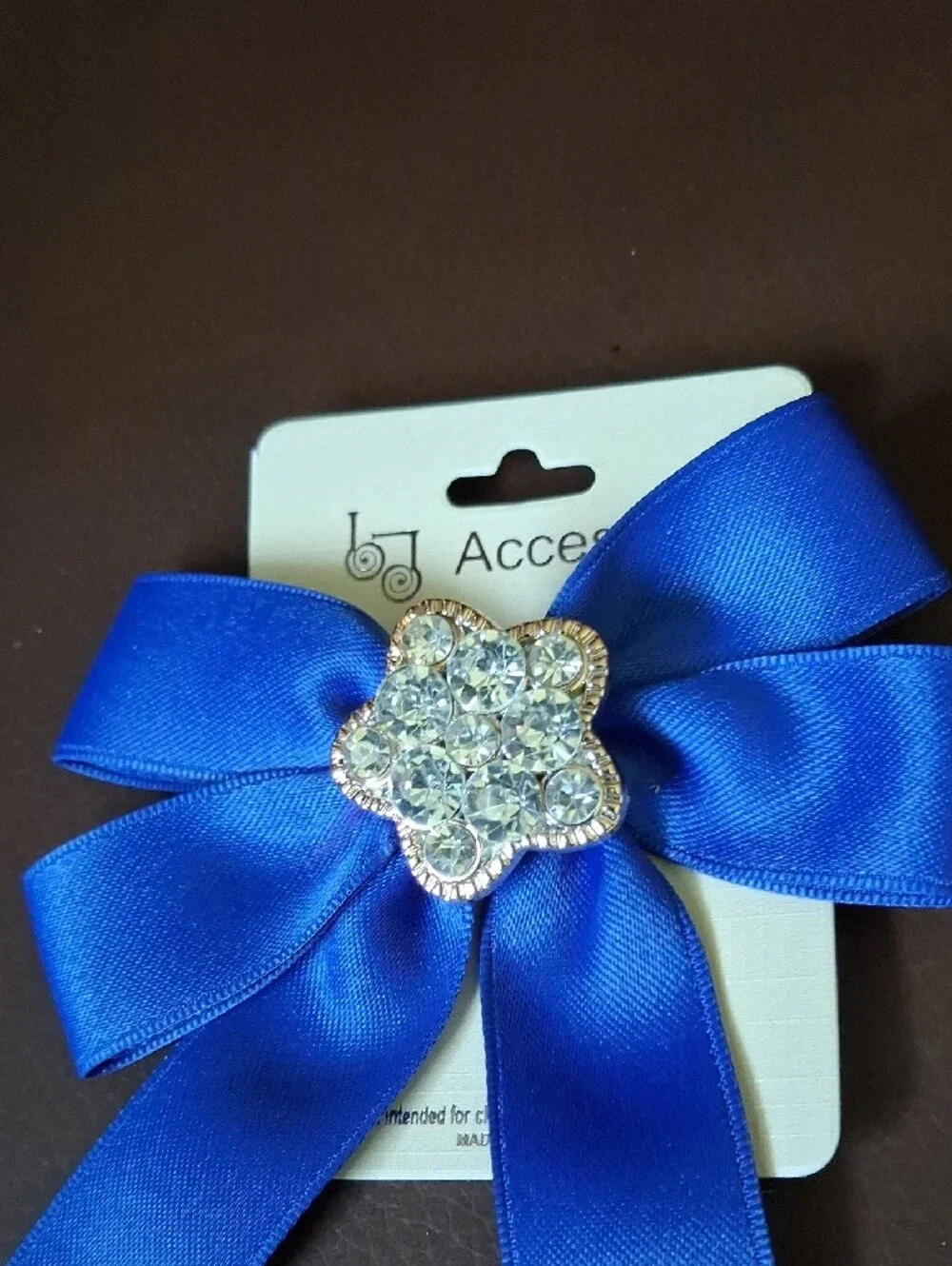 Cobalt Blue Satin Bow Brooch with Crystal Flower Center